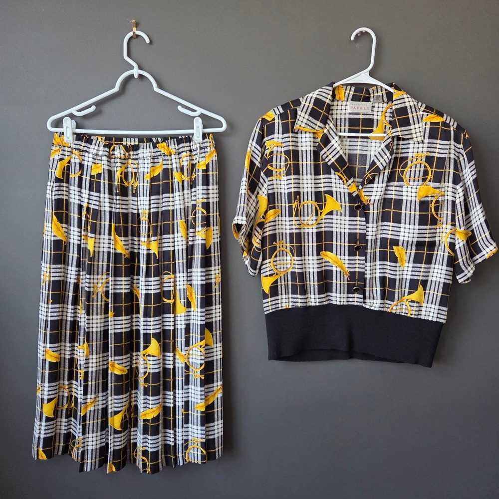 Adrianna‎ Papell Vintage 100% Silk Wool Plaid Horn Print 2 Piece Skirt Set Sz 10 - Picture 8 of 12